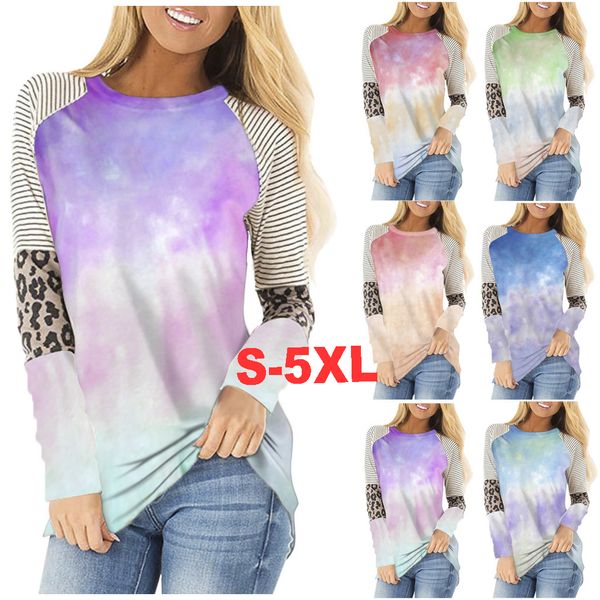 

5xl плюс размер топы женщины с длинным рукавом leopard лоскутная tie dye t shirt повседневная o-образным вырезом майка новая осенняя мода to, Black