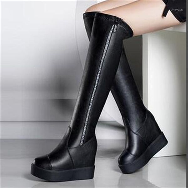

2020 slim women's wedges over the knee boots fashion high heels platform long boots side zip winter warm shoes woman1, Black