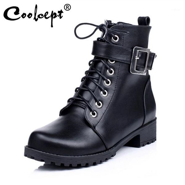 

coolcept winter autumn woman cross strap knight boots buckle punk daily outdoor casual shoes women short boots size 34-431, Black
