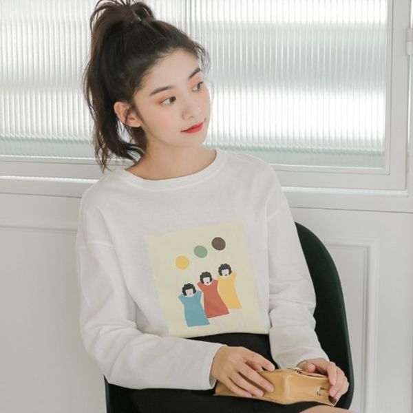 

autumn 2020 new korean version of sweet academy style contrast color figure print casual versatile round t-shirt neck long sleeve t-shirt fo, White