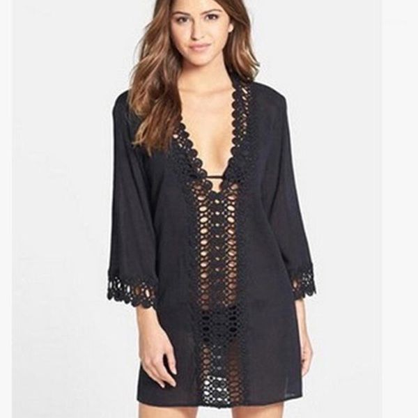 

newly women lace crochet v neck beach dress bikini cover beachwear for summer fif661, Black;gray
