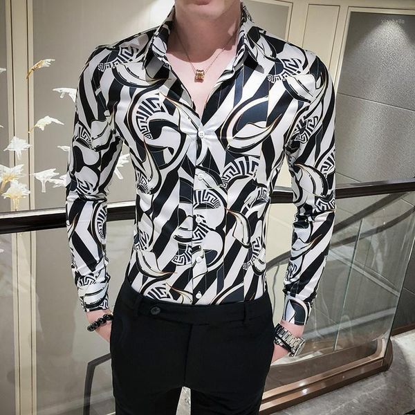 

2020 new spring long sleeve shirt plaid print slim fit shirt men casual night club party dress shirts mens -3xl1, White;black