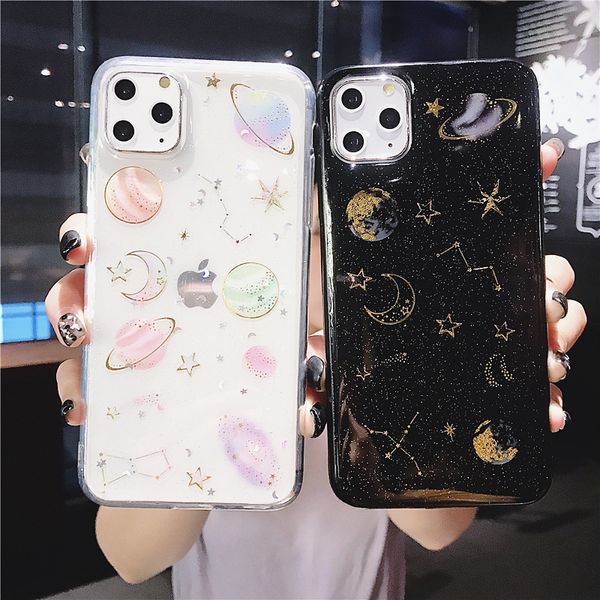 

glitter planet star moon space phone case for iphone 11 pro max x xs xr 12 mini 6 6s 7 8 plus transparent soft epoxy back cover