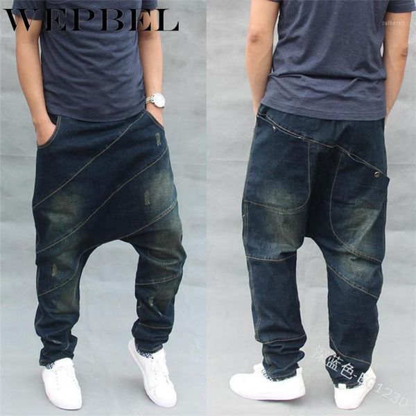 

wepbel jeans men's fashion pocket pencil harem denim pants spring and autumn casual loose low crotch pants jeans1, Blue