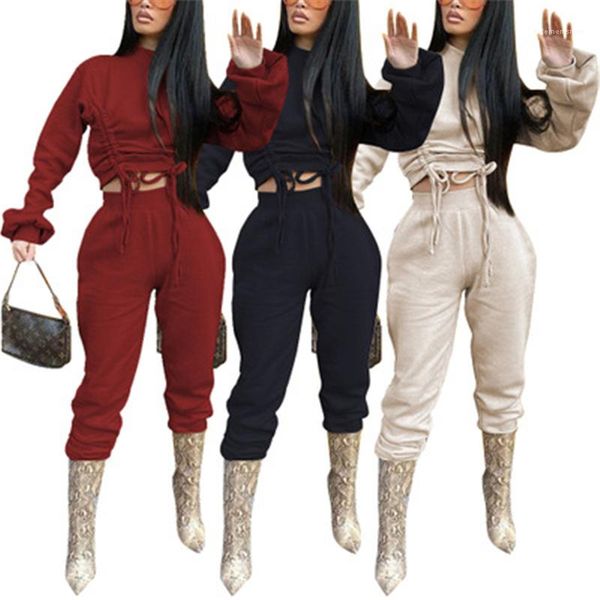 

sets fashion trend long sleeve round neck drawstring pants suits designer female autumn slim elastic waist tracksuits women solid color, Gray