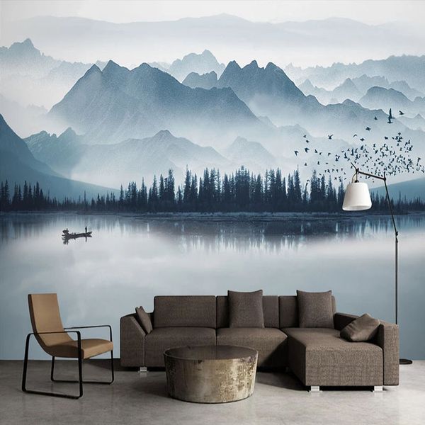 Benutzerdefinierte Fototapete im chinesischen Stil Tuschemalerei Landschaft Bergvogel Wandbild Wohnzimmer Schlafzimmer Sofa Hintergrund Wandpapiere