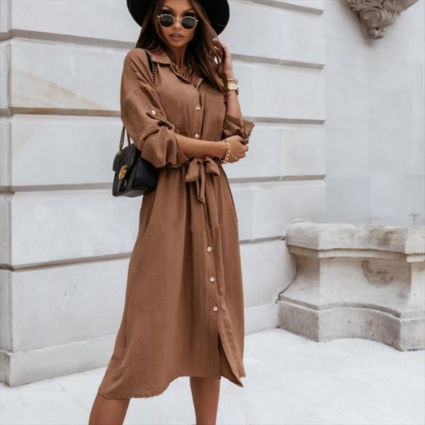 

women spring long sleeve belted dress fashion ladies casual streetwear holiday solid color dress drop shipping, Black;gray