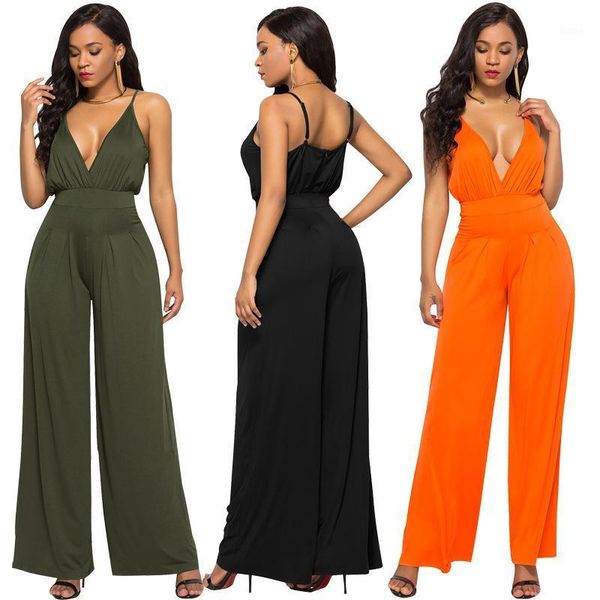 

whzhm jumpsuits women summer sleeveless black deep v-neck strap backless loose long pants party jumpsuits femme casual1, Black;white