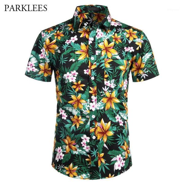 

cotton floral hawaiian shirt for men summer short sleeve mens flower beach aloha shirts causal pocket holiday camisas hombre xxl1, White;black