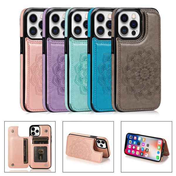 Brieftaschen-PU-Lederhüllen für iPhone 13 12 Pro Max Mini XR XS X 8 7 Plus Samsung S22 S21 Note20 Note10 Ultra A22 A12 A82 A72 A52 A32 S21FE S20FE geprägte Mandala-Muster-Blume