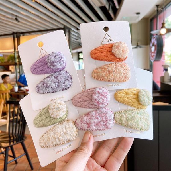 

2 pcs new simple cute wool round button children's hairpin headwear korean sweet girl fashion colorful hairpins hair accessories1, Slivery;white