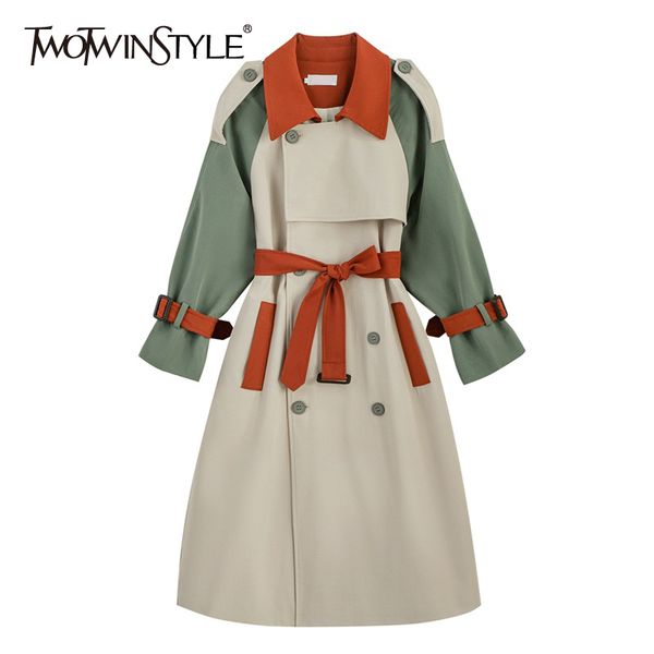 

twotwinstyle vintage patchwork windbreaker for women lapel long sleeve high waist with sashes lace up bowknot coat female fall 201110, Tan;black