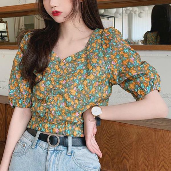 

2021 new puff sleeve floral women square collar chiffon 2021 spring casual party blouse korean short clothes uuce, White