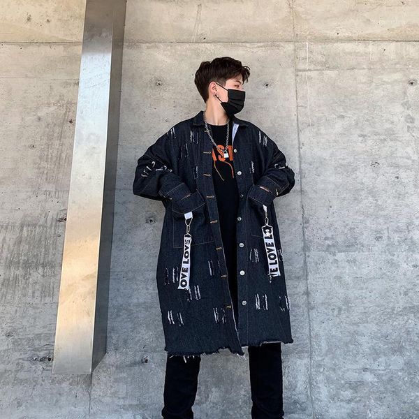 

men's trench coats 2021 autumn trend korean version of japanese men's hole in the long hip hop bf loose denim coat1, Tan;black