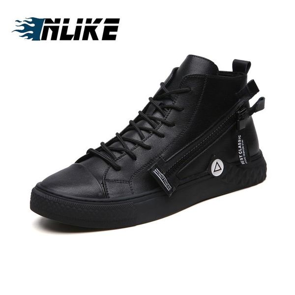 

inlike men boots genuine leather men shoes autumn&spring leather shoes working lace-up &zipper casual, Black