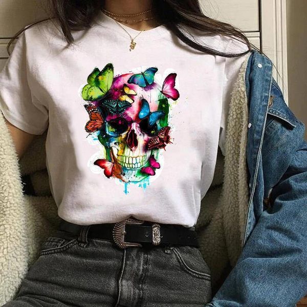 

одежда для женщин одежда для одежды графический череп цветок цветочные акварель 90-х годов принт хэллоуин леди tee tees tops женская футболк, White
