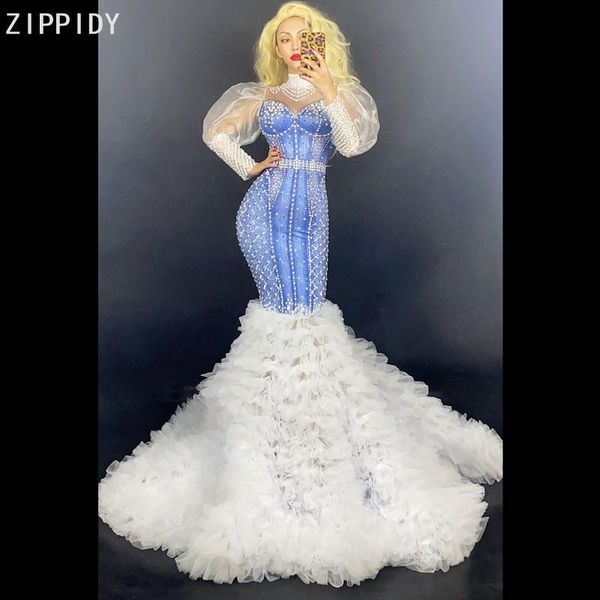 

stage wear sparkly rhinestone pearl long tail dress women birthday transparent sleeves prom celebrate dancer youdu, Black;red