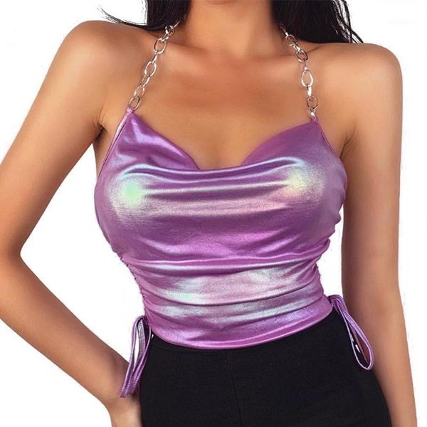 

women sleeveless drawstring halter purple camis metal strap solid color slim fit skinny club fashion crop tank 1, White