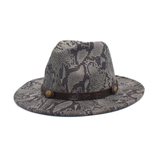

wide brim hats simple flat wool felt jazz fedora hat snake pattern leather band decoration tribal panama f94, Blue;gray