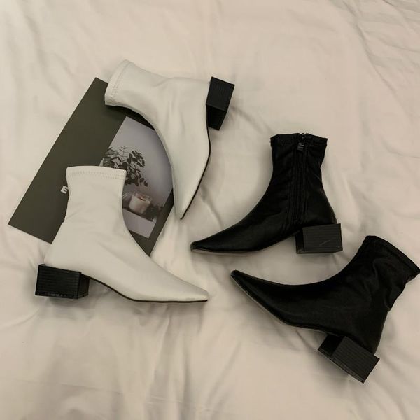 

monmoira vintage square toe ankle boots for women strange wood heel stretch pu sock boots women solid winter shoes, Black