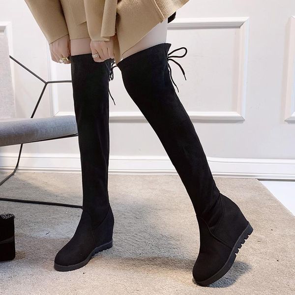 

cootelili winter thigh high boots womens with plush round toe 9cm heel fashion shoes for women wedges lace up black 35-40