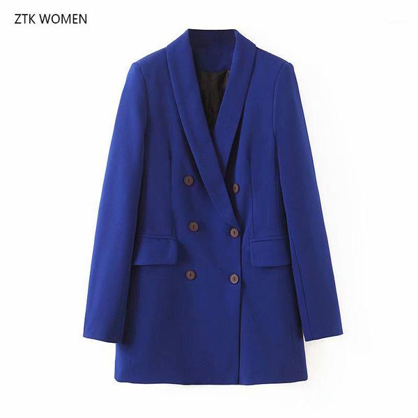 

ztk women 2019 new autumn long sleeve jacket notched double breasted pocket elegant blue long blazer femme casual chic blazer1, White;black