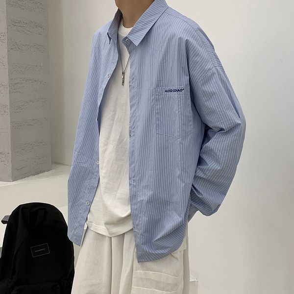 

spring and coat shirtautumn large men's shirt freshcasual loose long sleeve striped lapel shirt coat wpbr3, Blue