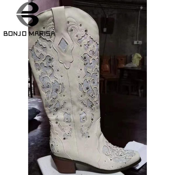 

bonjomarisa big size 34-43 ladies mid calf boots square toe chunky heels crystal boots women 2020 concise elegant shoes woman, Black