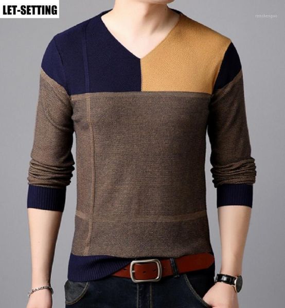 

new fashion autumn winter korean men casual patchwork v-neck knit bottoming slim fit shirt pullover warm wool cotton sweater1, White;black