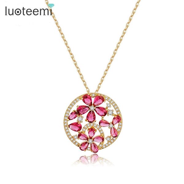 

luoteemi design luxury round elegant pendant with mirco paved cubic zircon red flower necklace champagne gold-color jewelry 201013, Silver