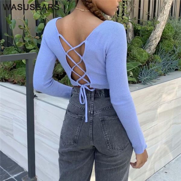 

solid knitted t shirt casual back black lace up slim long sleeve crop t shirt women white backless chic 2020