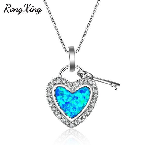 

pendant necklaces rongxing charming blue fire opal heart & key pendants for women fashion silver color cz necklace nl0078