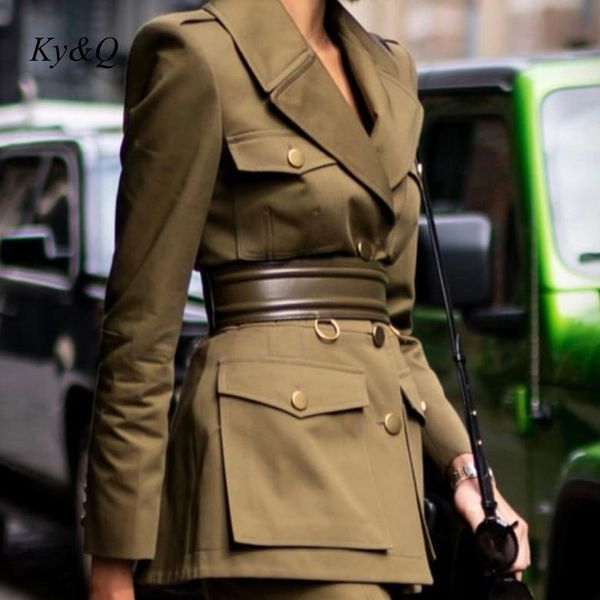 

two piece dress lady skirt suit 2021 belt outfits women coat pencil skinny set elegant multi-pockets blazer jacket army green, White
