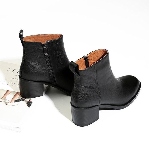 

mordoan genuine cow leather thick-heeled short boots women leather single boots square toe short thick-soled ankle, Black