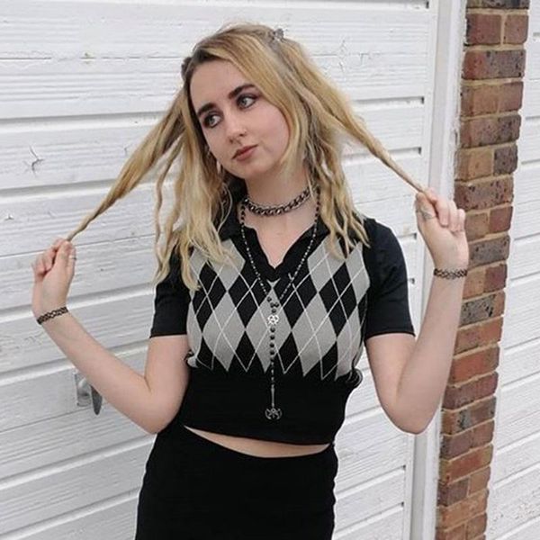 

kalenmos diamond check base knitting vest woman sweaters v-neck fall 2020 women short pullover winter clothes streetwear new top, Black;white