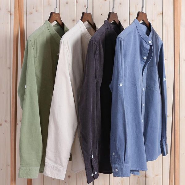 

men's casual shirts 2021 autumn corduroy shirt long sleeves 100% cotton stand collar bottoming slim fashion brand quality, White;black