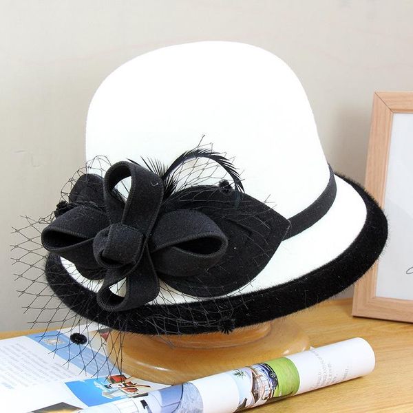 

stingy brim hats mingli tengda british hat women's winter woollen net yarn leaf flowerpot felt fascinator fedora chapeau cap, Blue;gray