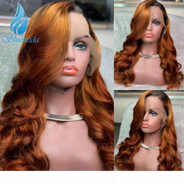 

shumeida ombre цвет 13x6 фронт шнурок человеческих волос с волосами младенца бразильского remy сыпучей волной человек парики младенцем, Black;brown