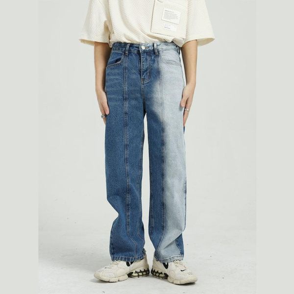 

men's jeans male streetwear hip hop vintage fashion straight pants men splice water wash casual denim trousers, Blue