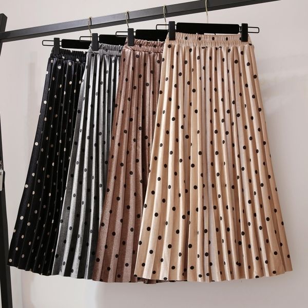 

pleated skirts women spring autumn saia midi high waist faldas mujer moda plus size jupe femme vintage velvet dots ladies skirt t200324, Black