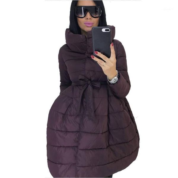 

women's down & parkas winter coat women skirt parka fashion bowknot waist medium long stand collar cotton padded warm jacket chaqueta m, Black
