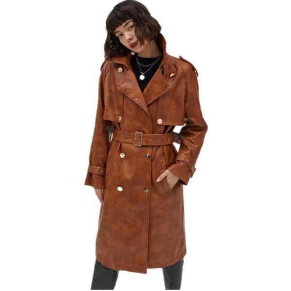 

мода крокодил pattern двойной брестед кожа куртки женщины над коленом longer локомотив негабаритные ветрозащитный кожаное пальто, Black