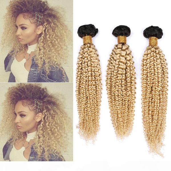 

blonde ombre brazilian human hair weave bundles 3pcs lot kinky curly #1b 613 blonde ombre virgin human hair wefts 10-30" mixed length, Black
