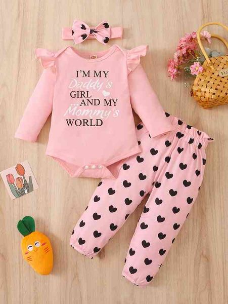 

baby slogan & heart print bodysuit & pants with headband she, White