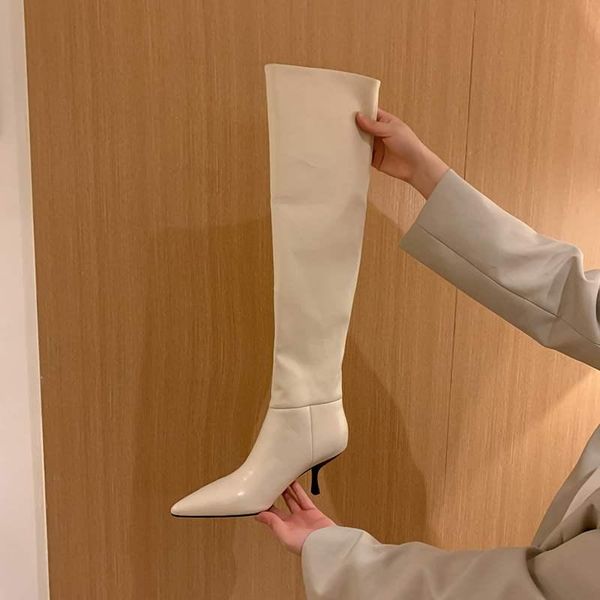 

bottes femme winter high boots women shoes genuine leather pointed toe high heels nightclub party pleated solid knee boots, Black