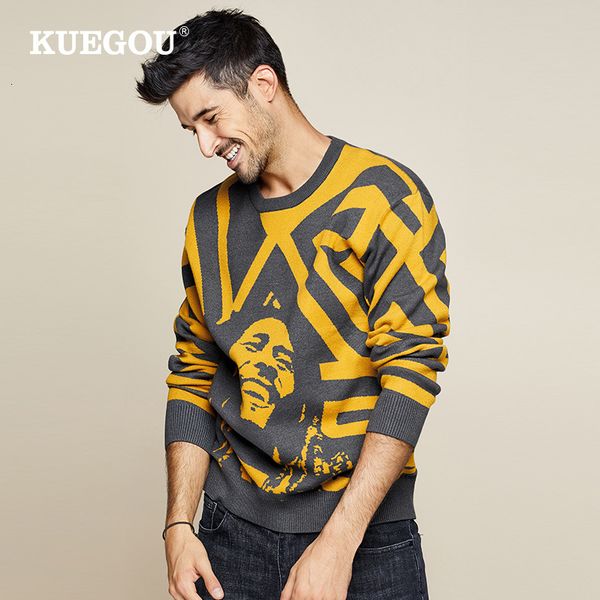 

kuegou 2019 autumn patchwork character sweater men pullover casual jumper for male knitted korean style clothes plus size 1754, White;black
