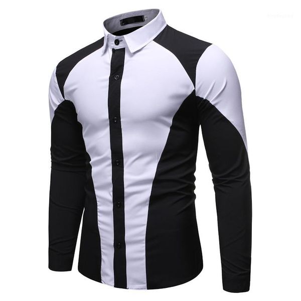 

long sleeve solid casual shirt for men blouse slim fit mens dress shirts fashion stitching design new black white y1, White;black