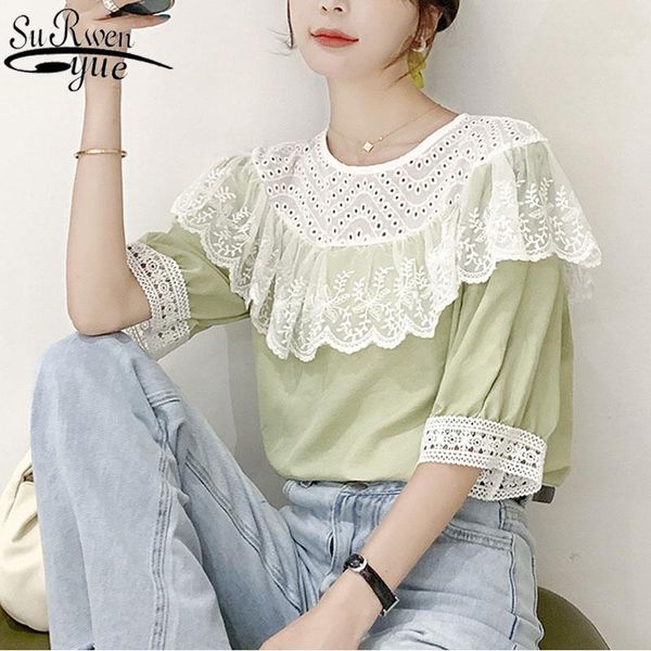 

2020 summer sweet hollow outruffled lace crochet chiffon blouse women light green puff sleeve casual woman's shirts 95551, White