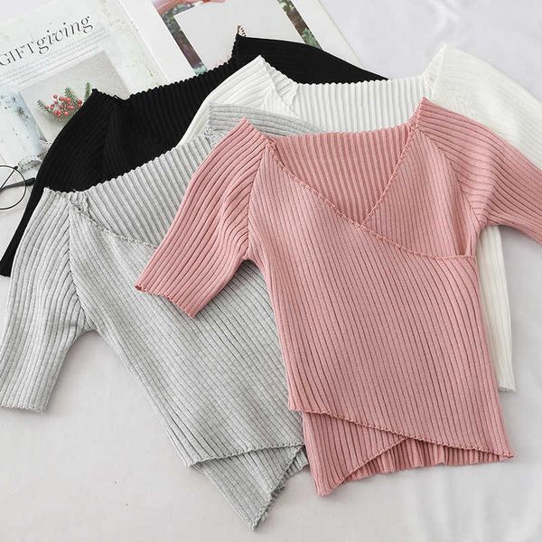 

summer women's thin pullover sweaters female short sleeve cross v-neck solid ny knitted crop girls korean punk, White;black