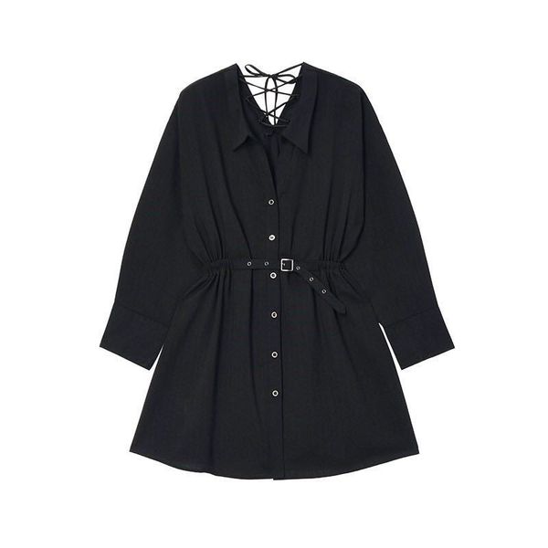 

2021 new feminine black elastic waist come back cross bandage shirt dressed lapel sleeve loosey trim spring fit more size s1mh, Black;gray